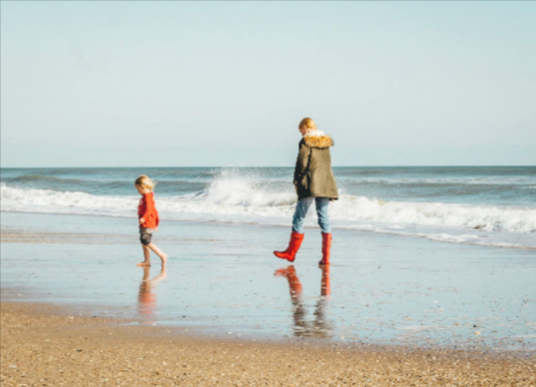 woman and boy on a beach