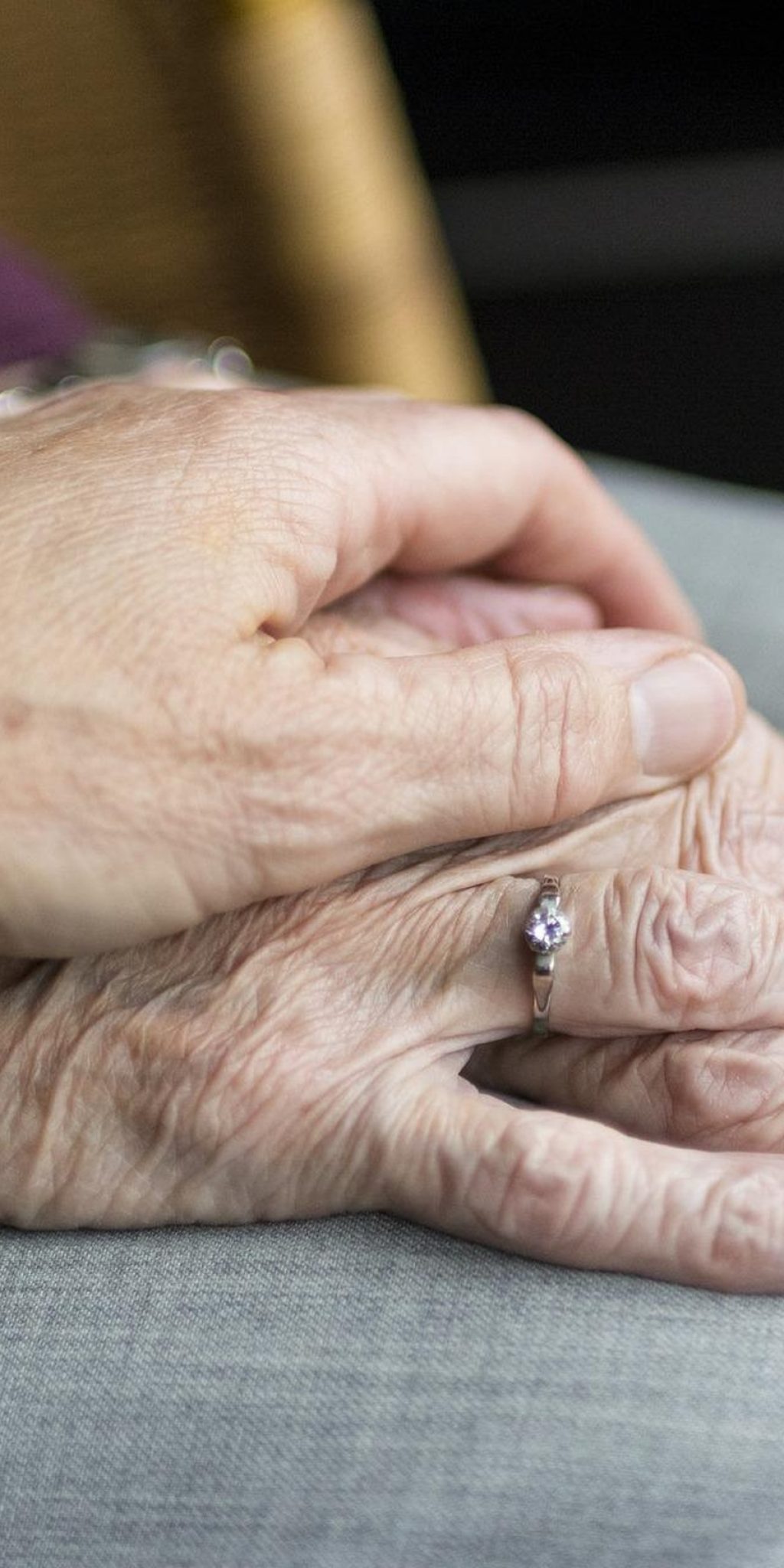 The hands of an elderly woman hold the hands of another woman, illustrating a tender moment of care and companionship.